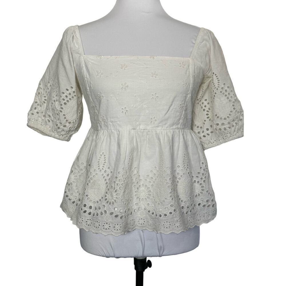 Walter Baker Top Eyelet Blouse White Puff Sleeve Empire Waist Size‎ S
